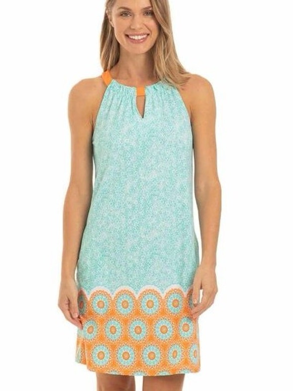 Cabana Life Aqua Citrus Floral Sleeveless Shift Dress Upf 50+ Size Medium